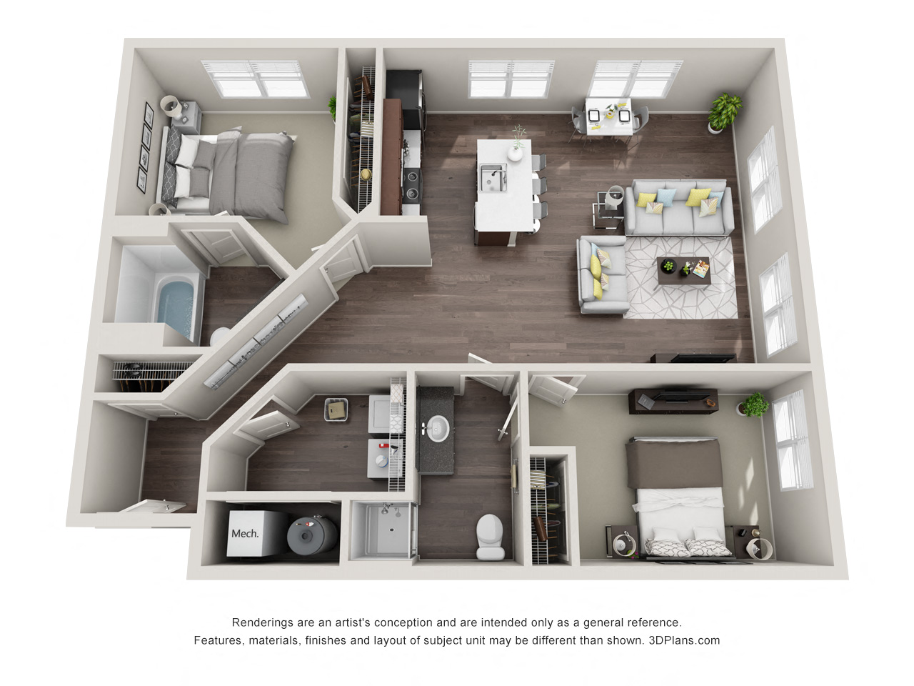 Floor plan for 2 beds, 2 baths, 1193 sqft